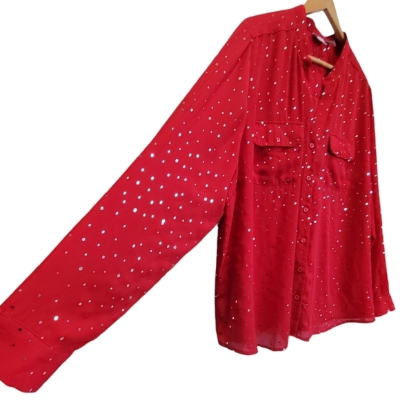 3X Metallic Beaded Adjustable Long Sleeve Pockets Button Down Party Blouse - Picture 4 of 7